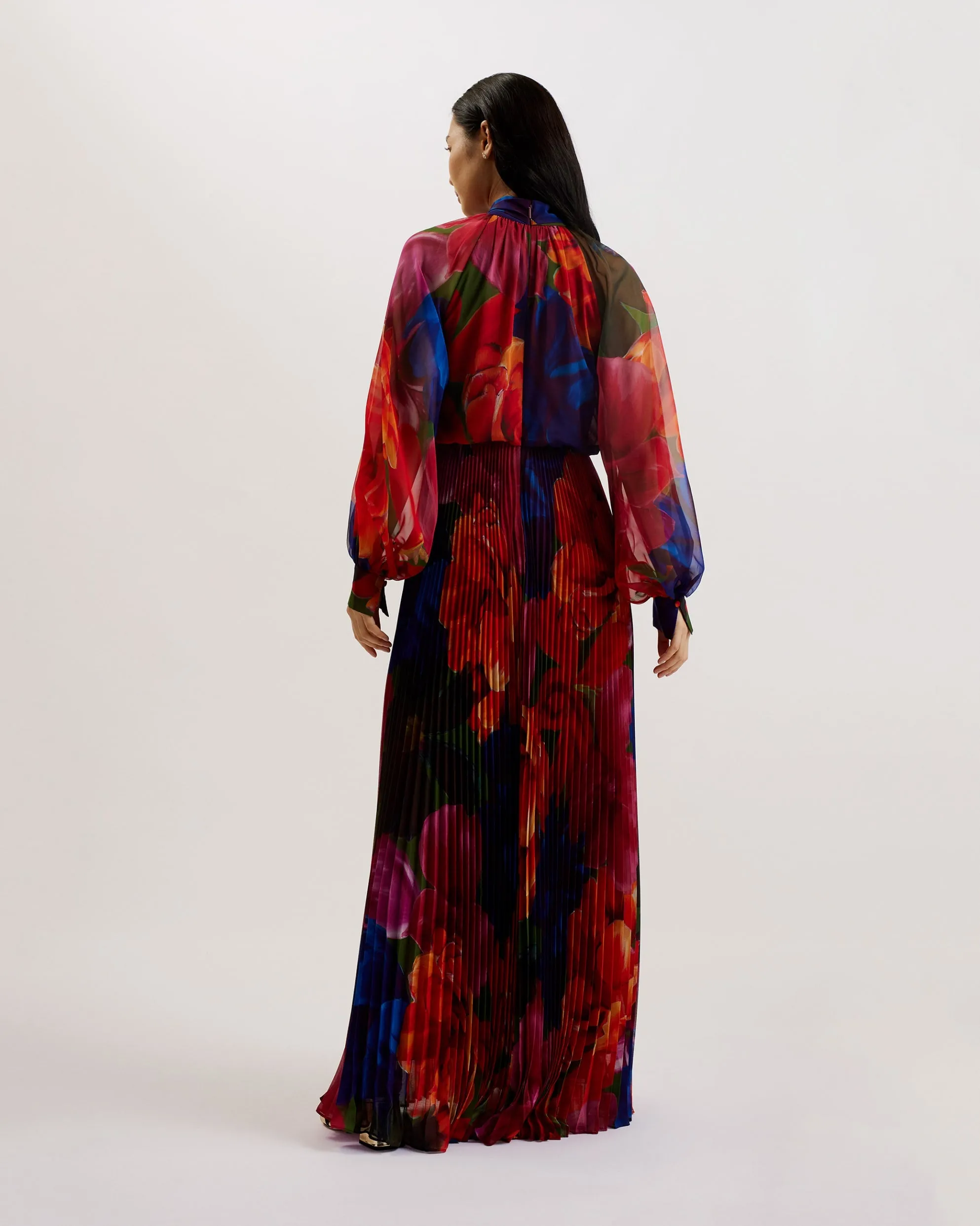 Adanie Floral Tie Neck Pleated Maxi Dress Multicol