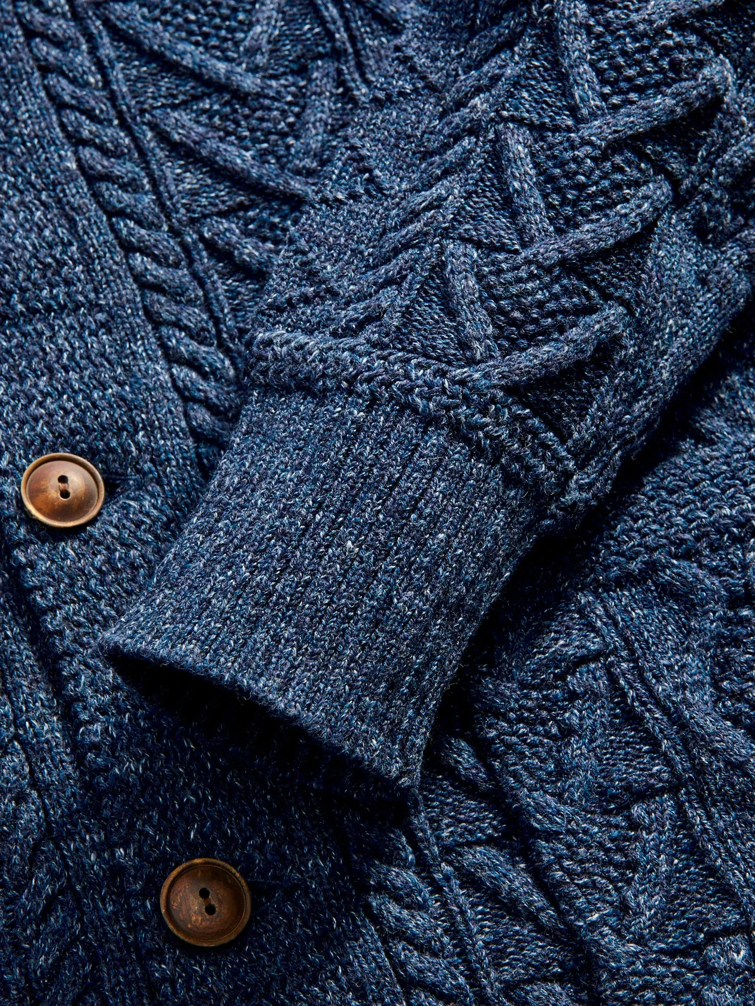 Aran-Knit Shawl Collar Cardigan in Navy Heather