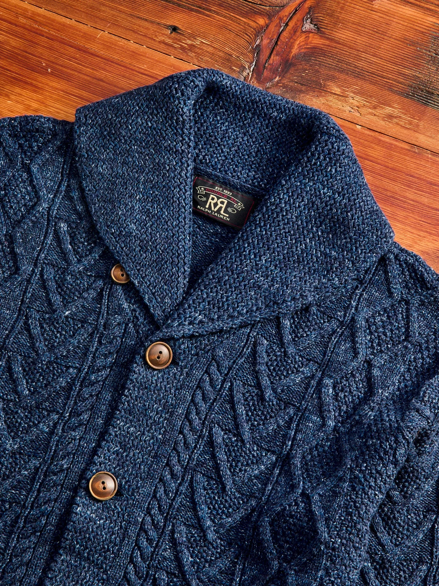 Aran-Knit Shawl Collar Cardigan in Navy Heather