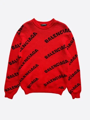 Balenciaga Red & Black All Over Logo Knit Sweater