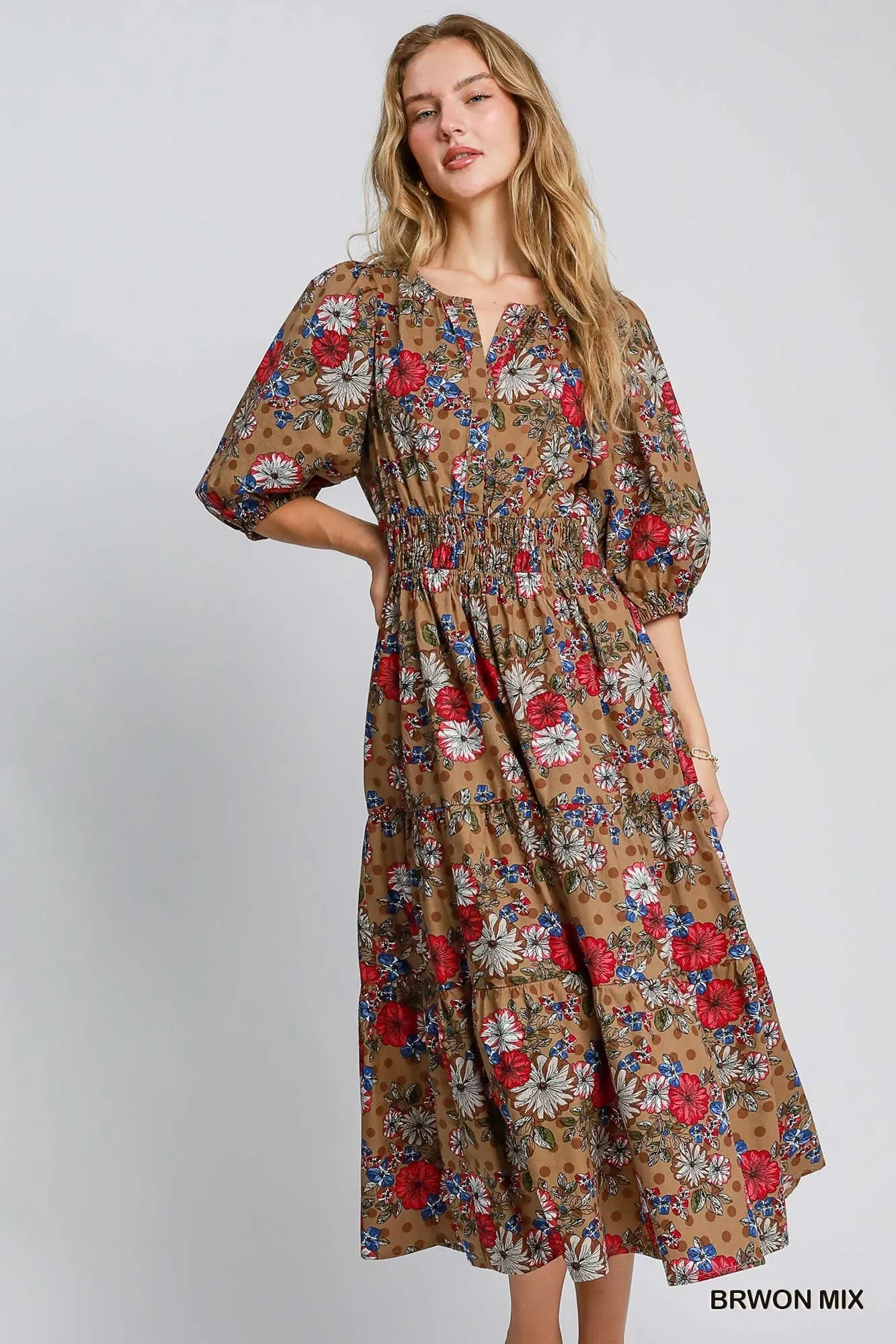 Brown Mix Floral Print Midi Dress