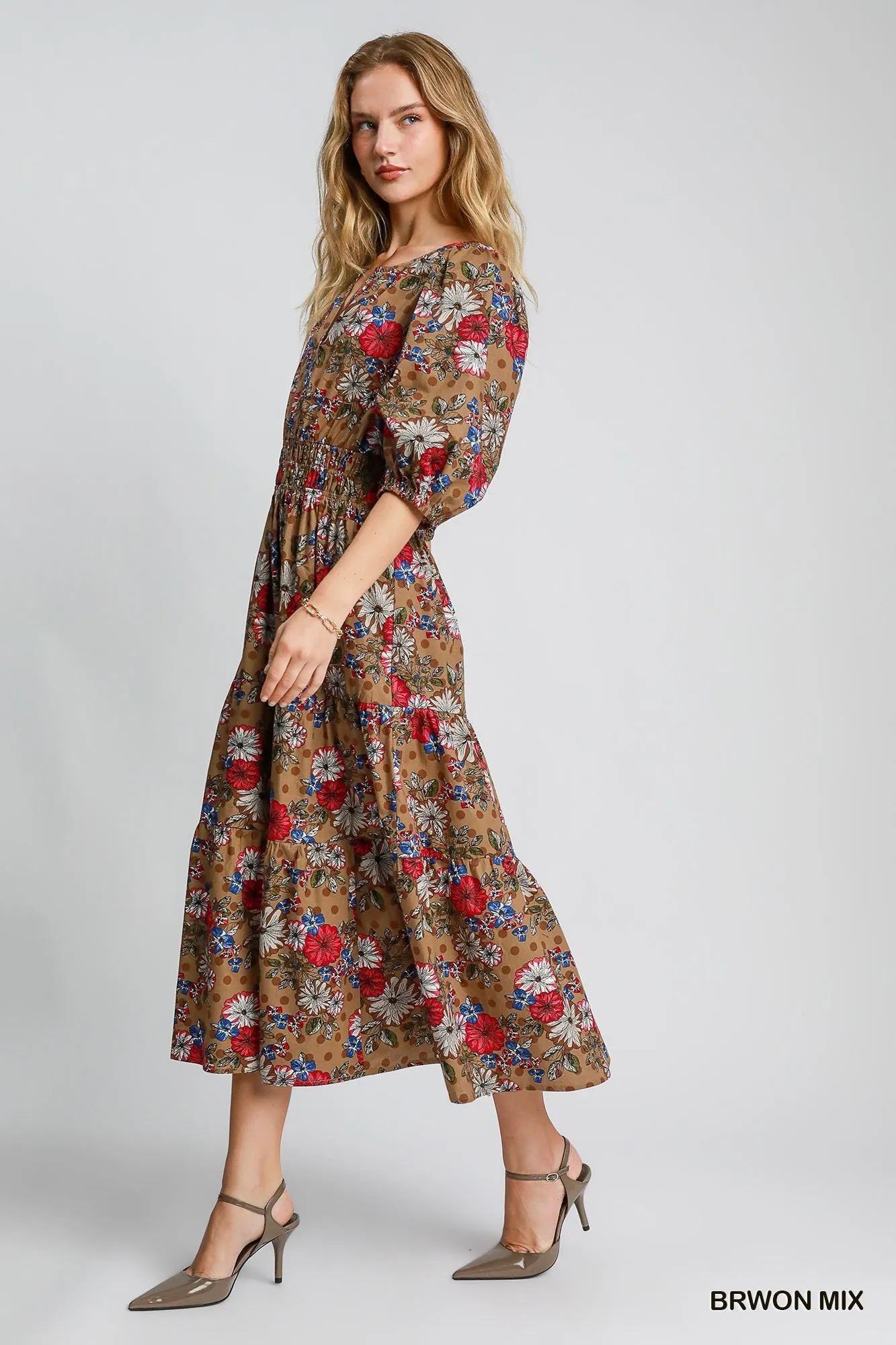 Brown Mix Floral Print Midi Dress