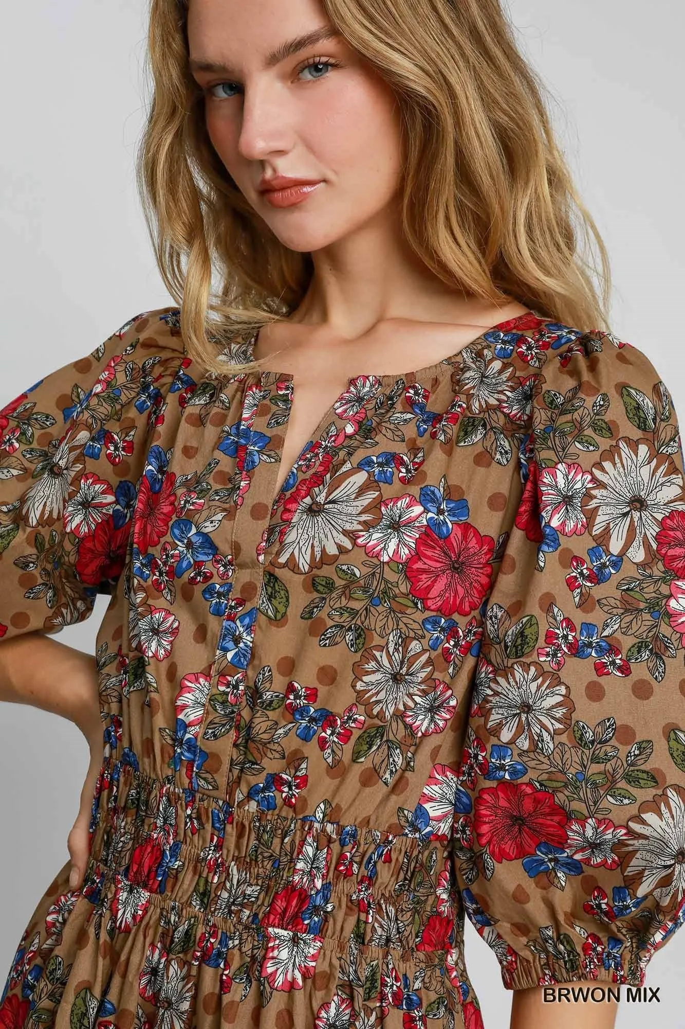 Brown Mix Floral Print Midi Dress