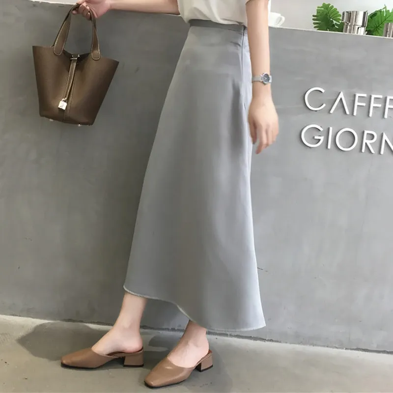 Christmas Gift Joskaa Casual Soft Office Ladies Skirts Women Elegant High Waist Zipper Satin Female Skirt Mid-length 2020 Spring Summer