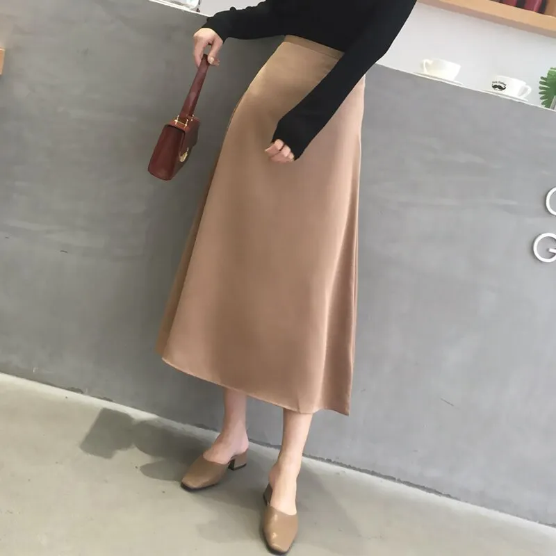 Christmas Gift Joskaa Casual Soft Office Ladies Skirts Women Elegant High Waist Zipper Satin Female Skirt Mid-length 2020 Spring Summer