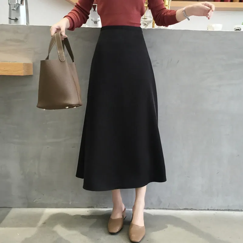 Christmas Gift Joskaa Casual Soft Office Ladies Skirts Women Elegant High Waist Zipper Satin Female Skirt Mid-length 2020 Spring Summer