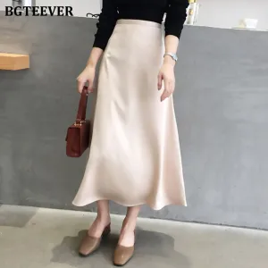 Christmas Gift Joskaa Casual Soft Office Ladies Skirts Women Elegant High Waist Zipper Satin Female Skirt Mid-length 2020 Spring Summer