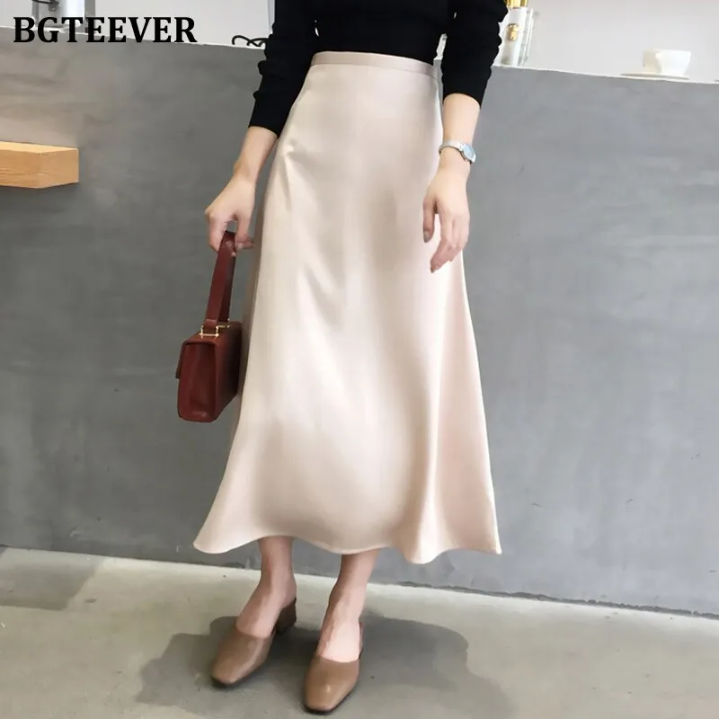 Christmas Gift Joskaa Casual Soft Office Ladies Skirts Women Elegant High Waist Zipper Satin Female Skirt Mid-length 2020 Spring Summer