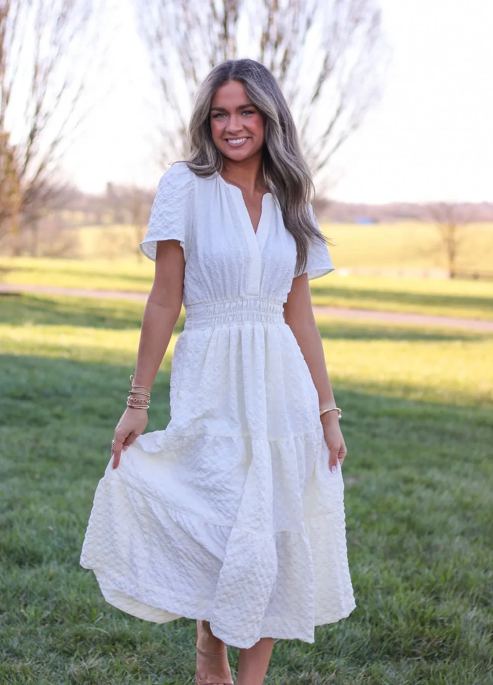 Creamy Petal Tiered Dress