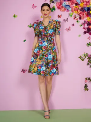 Floral-Print Puff-Sleeve Buckle Flare Dress - Magic Crepe®