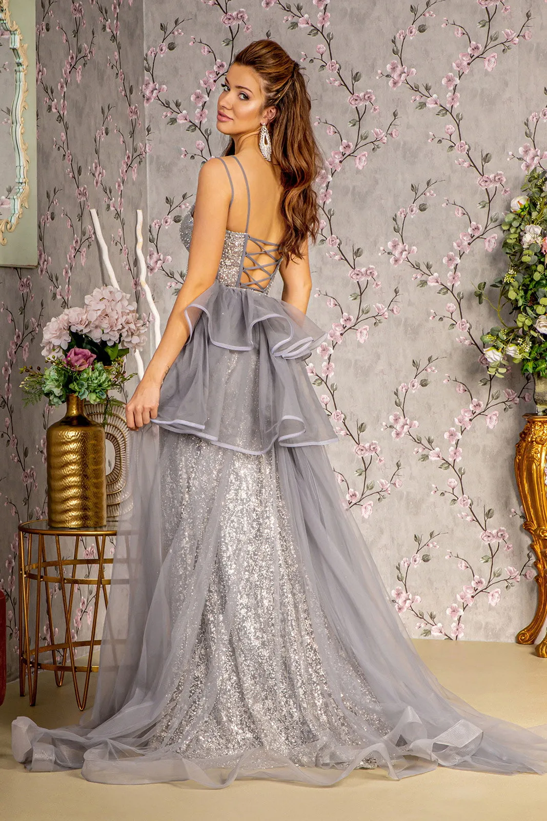 FORMAL SLEEVELESS MERMAID GOWN W/ SHEER BODICE & DETACHABLE SIDE WAIST DRAPE