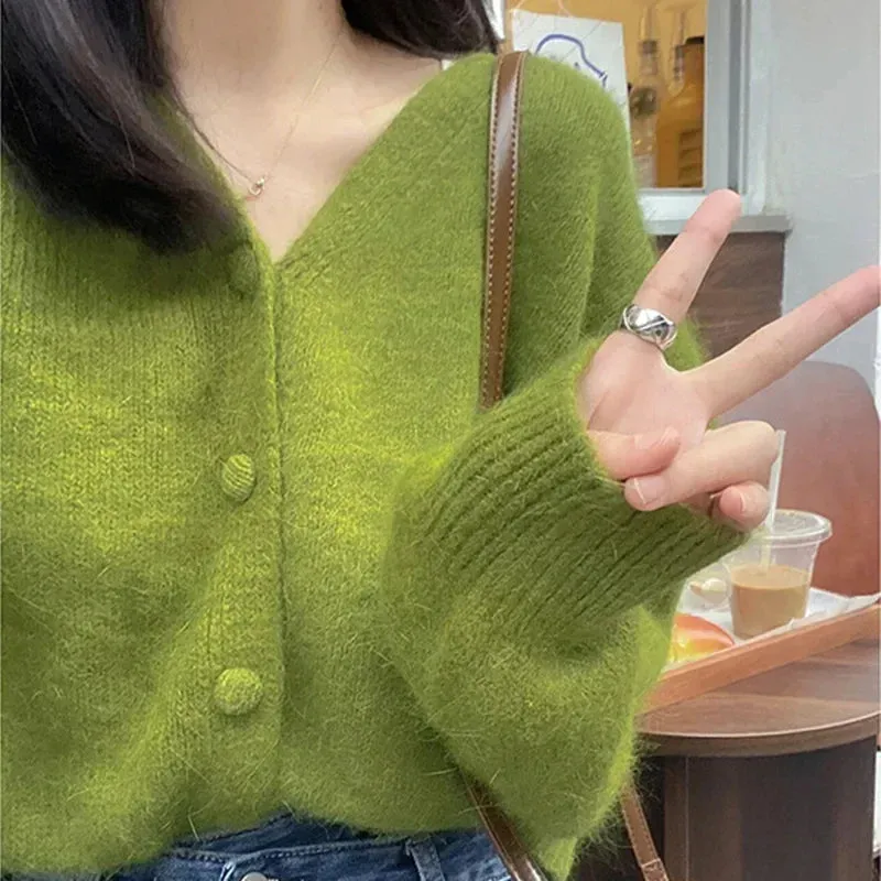 Girlary Autumn Fashion V-neck Knitted Cardigan Women Green Long Sleeve Single Breasted Sweaters Casual Knitwear Mujer