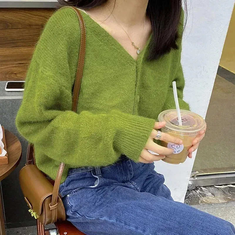 Girlary Autumn Fashion V-neck Knitted Cardigan Women Green Long Sleeve Single Breasted Sweaters Casual Knitwear Mujer