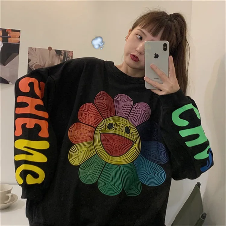 Joskaa Christmas Gift QWEEK Harajuku Rainbow Hoodie Women Sunflower Print Crewneck Sweatshirt Streetwear Y2k Korean Fashion Long Sleeve Pullover Chic