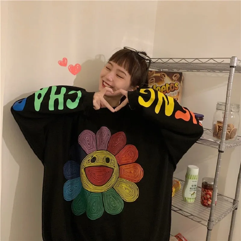 Joskaa Christmas Gift QWEEK Harajuku Rainbow Hoodie Women Sunflower Print Crewneck Sweatshirt Streetwear Y2k Korean Fashion Long Sleeve Pullover Chic