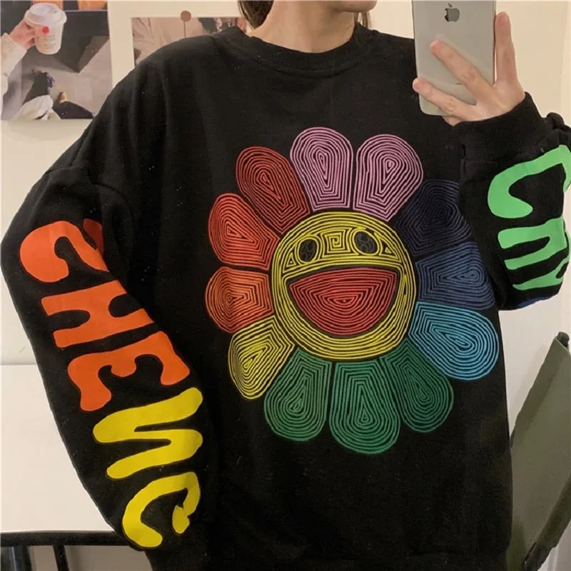 Joskaa Christmas Gift QWEEK Harajuku Rainbow Hoodie Women Sunflower Print Crewneck Sweatshirt Streetwear Y2k Korean Fashion Long Sleeve Pullover Chic