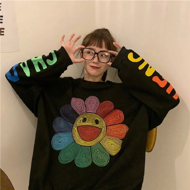 Joskaa Christmas Gift QWEEK Harajuku Rainbow Hoodie Women Sunflower Print Crewneck Sweatshirt Streetwear Y2k Korean Fashion Long Sleeve Pullover Chic