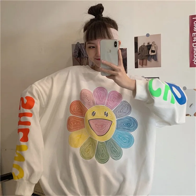 Joskaa Christmas Gift QWEEK Harajuku Rainbow Hoodie Women Sunflower Print Crewneck Sweatshirt Streetwear Y2k Korean Fashion Long Sleeve Pullover Chic