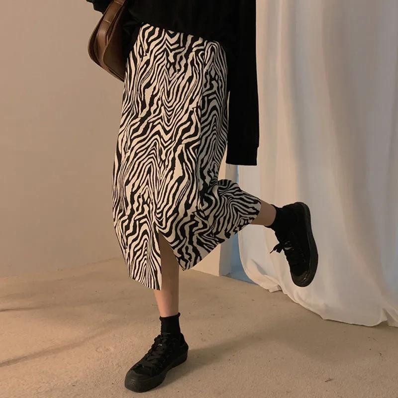 Joskaa Christmas Gift Skirts Women Vintage Ins Zebra Pattern Midi Skirts Ladies All-match High-waist Side-split A-line Harajuku Elegant Trendy Ulzzang