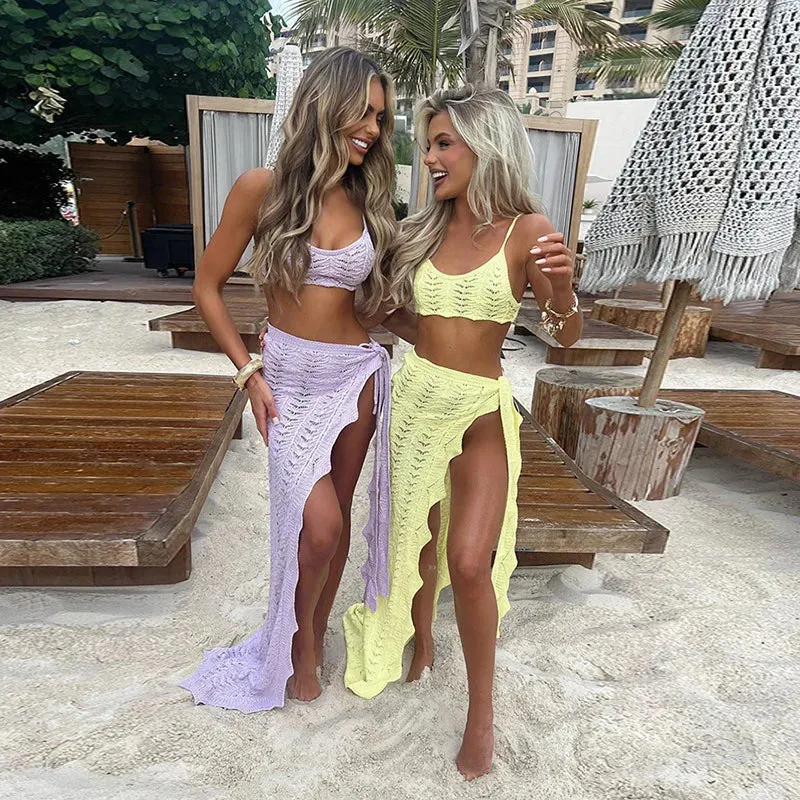 Joskaa Summer Hollow Out Knit Beach Skirts Sets for Women Elegant Fashion Sleeeveless Cropped Tops and Slit Long Skirts Two Piece Sets