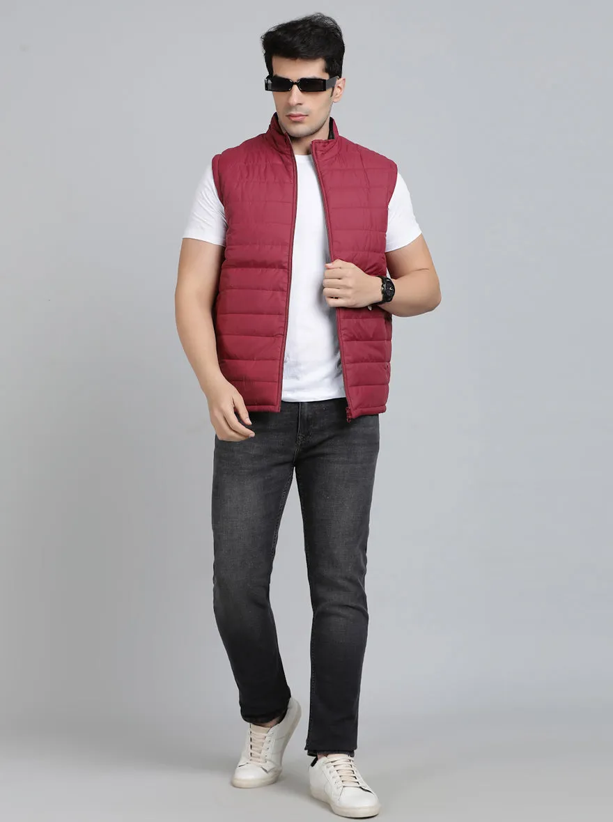 Maroon Solid Slim Fit Winter Jacket | JadeBlue