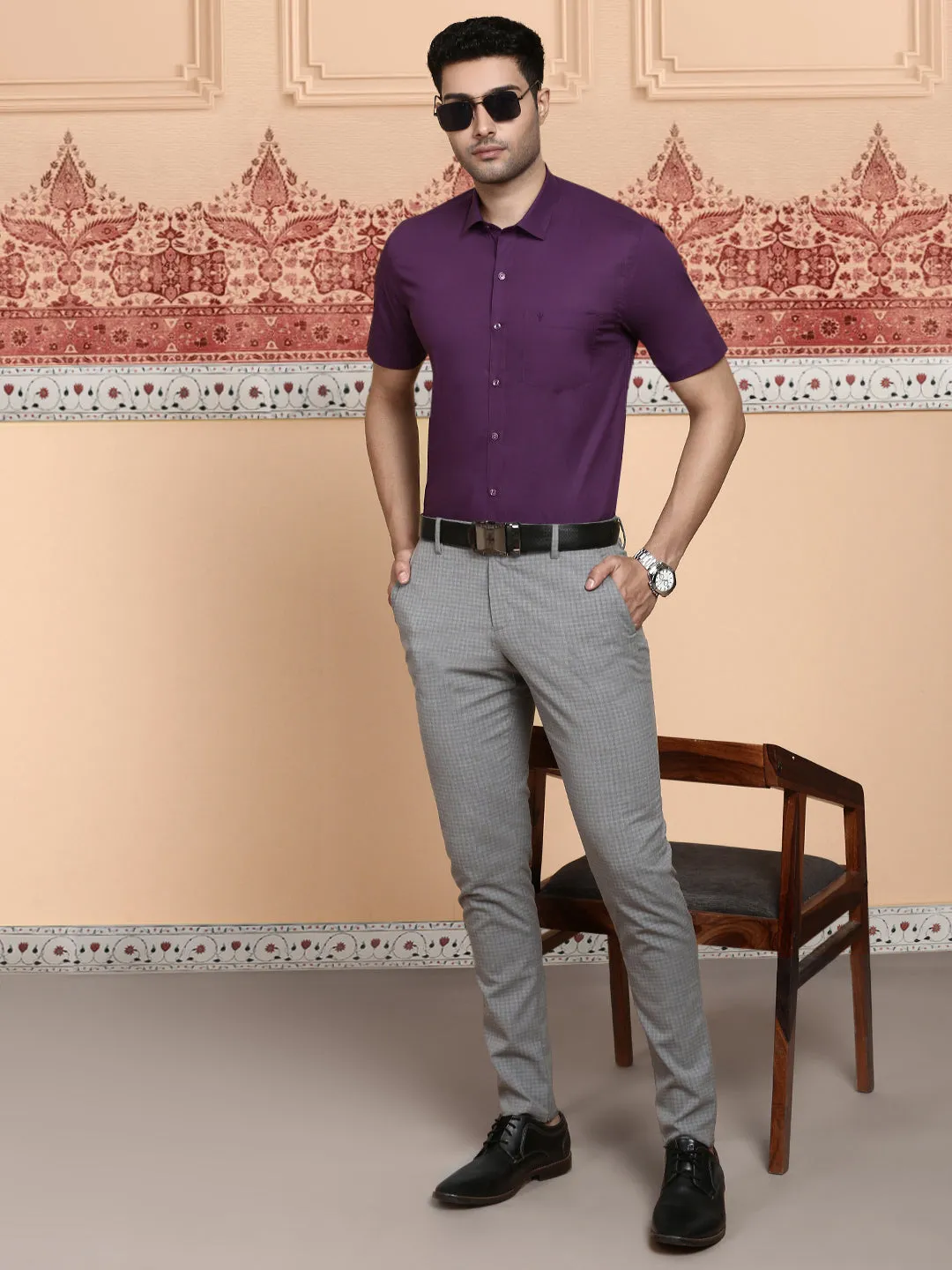 Men Cotton Spandex Shirt 2 Way Stretch Purple LY5