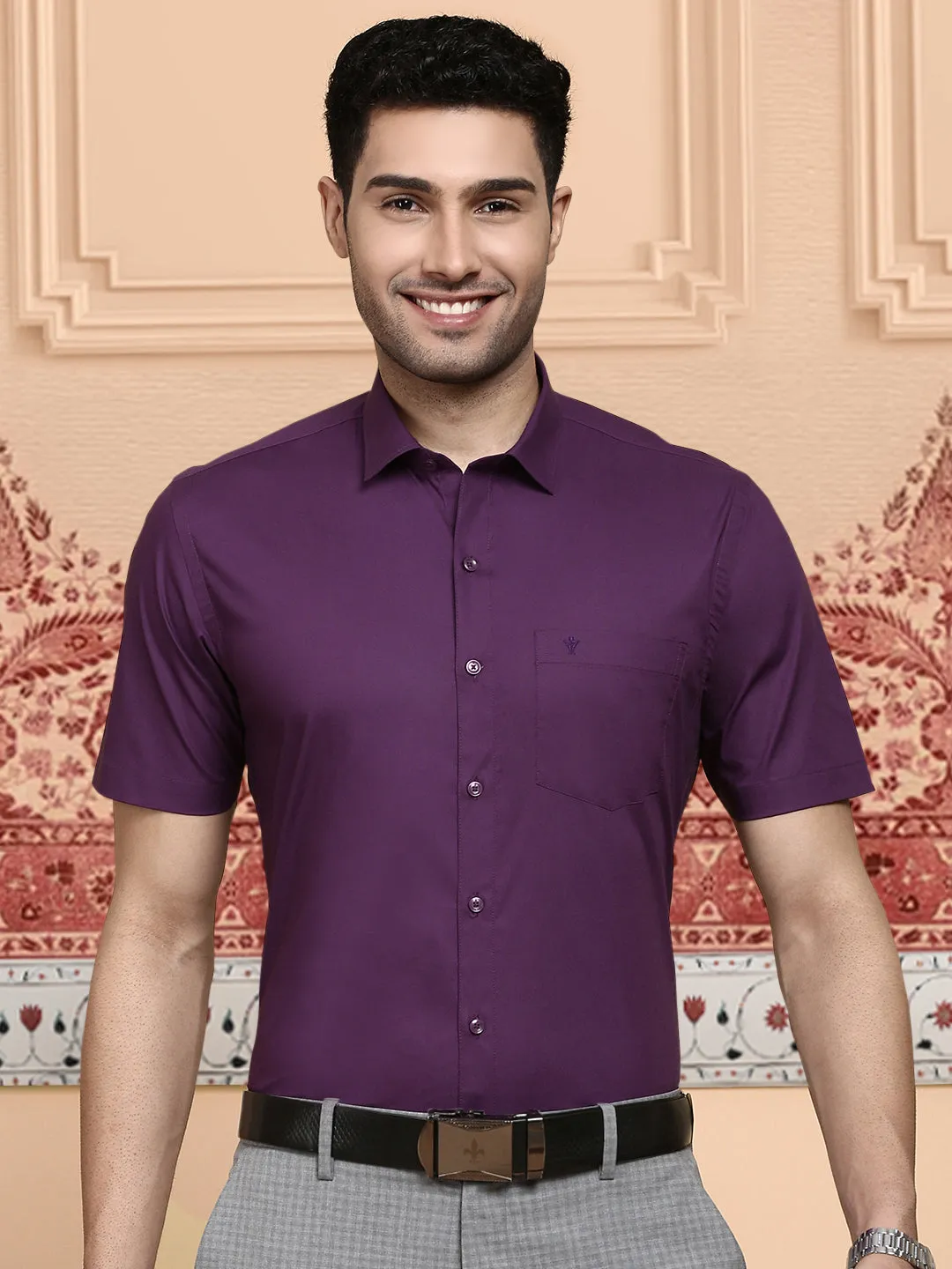 Men Cotton Spandex Shirt 2 Way Stretch Purple LY5