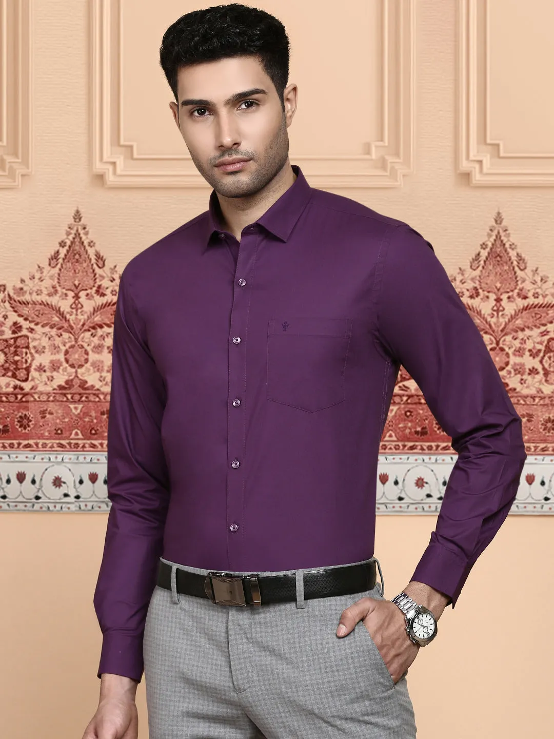 Men Cotton Spandex Shirt 2 Way Stretch Purple LY5