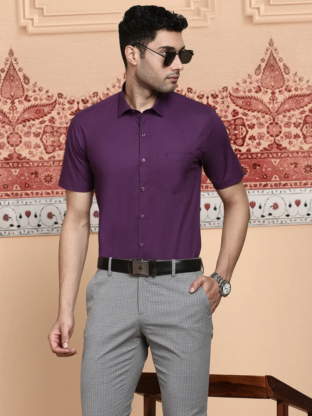 Men Cotton Spandex Shirt 2 Way Stretch Purple LY5