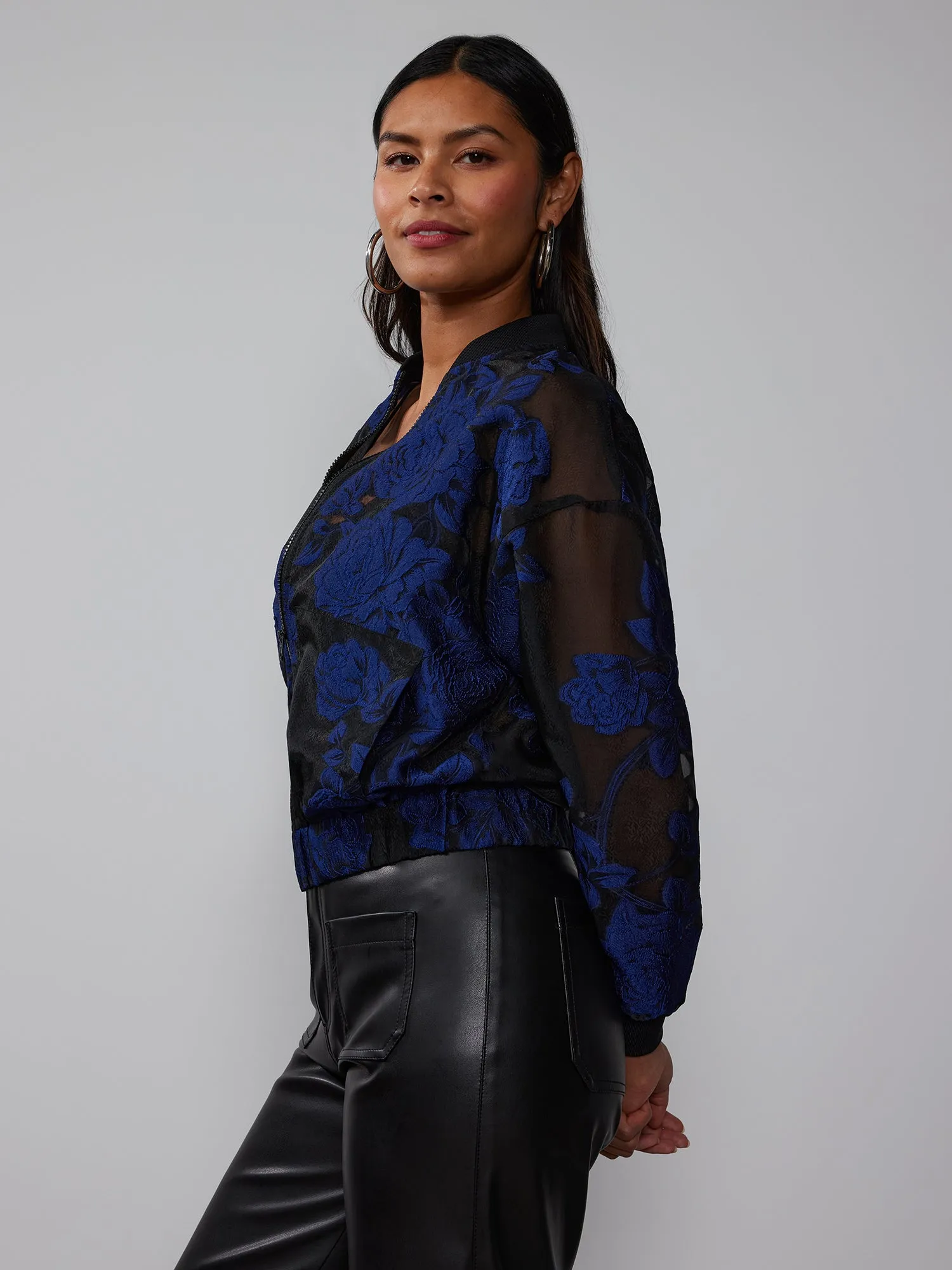 Navy Black Brocade Floral Bomber Jacket