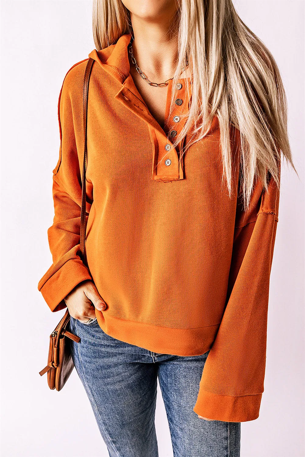 Orange Casual Button Solid Patchwork Trim Hoodie