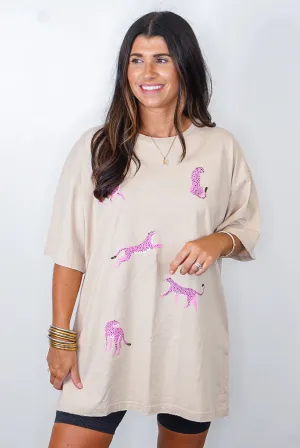 Pink Cheetah Print Beige Oversized Tee