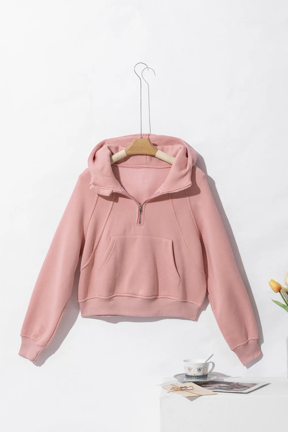 Pink Quarter Zip Kangaroo Pocket Hoodie