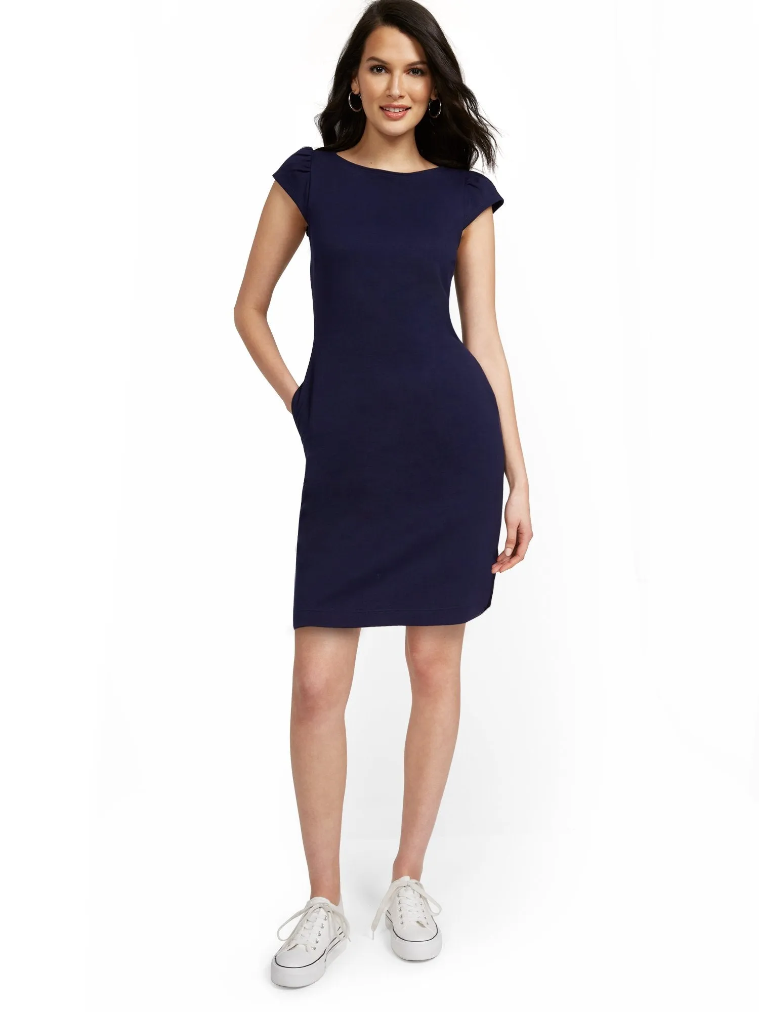 Puff-Sleeve Button-Back Shift Dress - City Knits