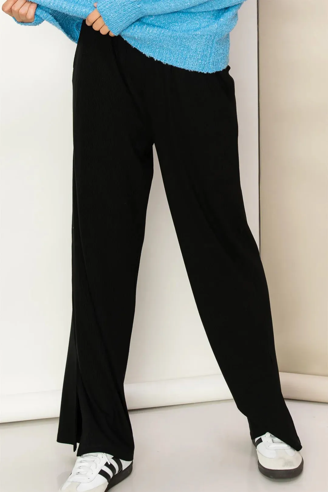 Winter Outings Ribbed Side Slit Wide Leg Pants