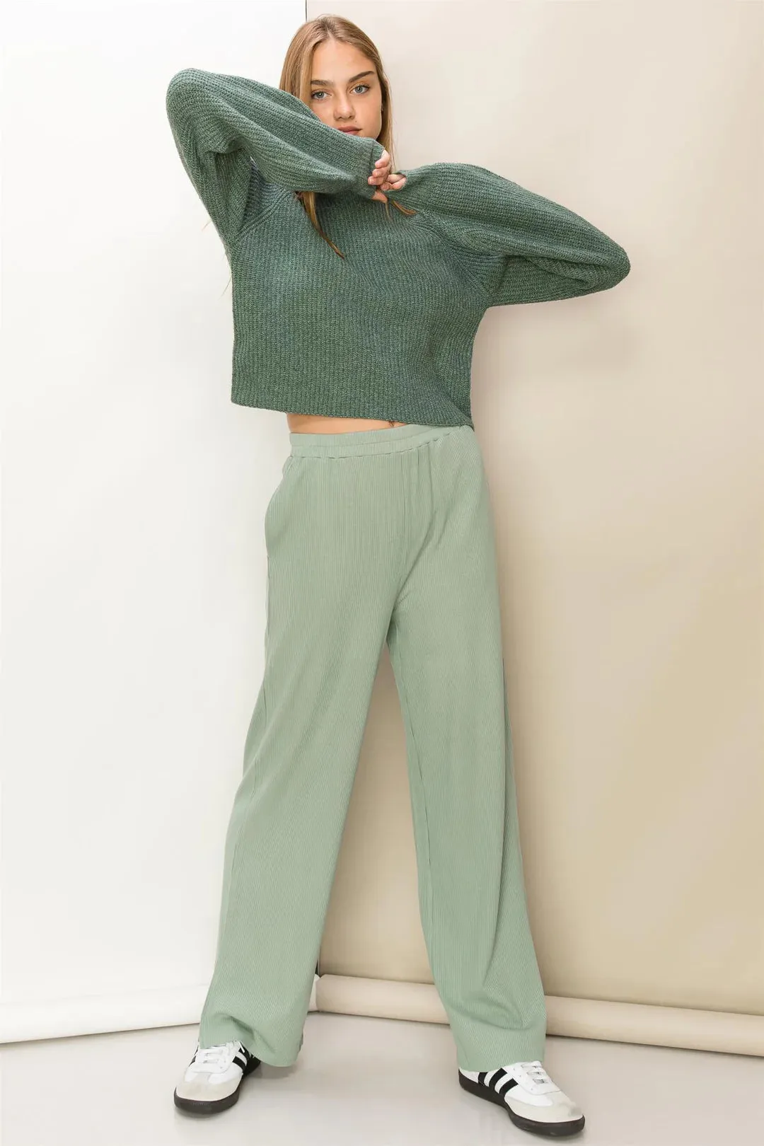 Winter Outings Ribbed Side Slit Wide Leg Pants