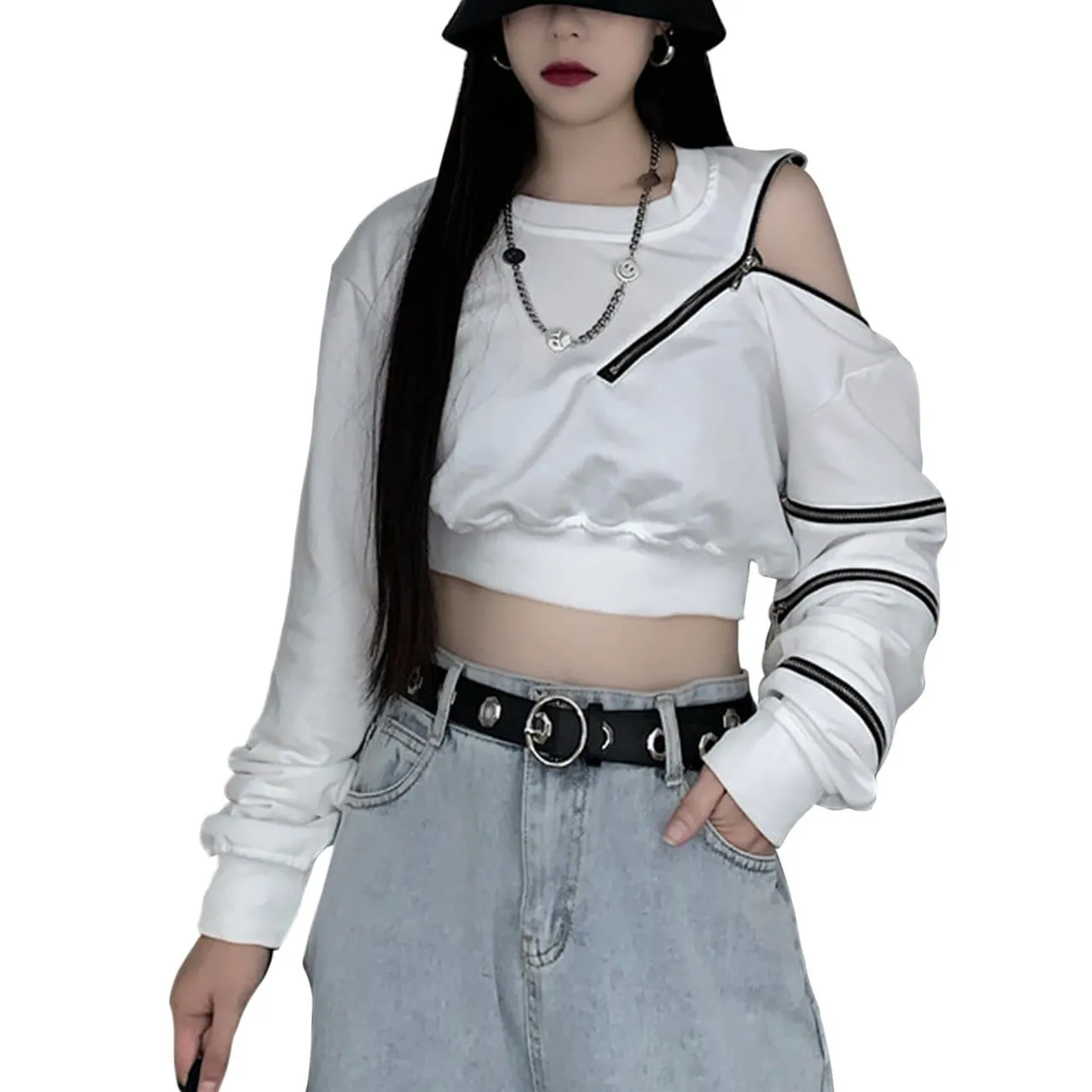 WLS Dark Zipper Strapless Cropped Sweatshirt