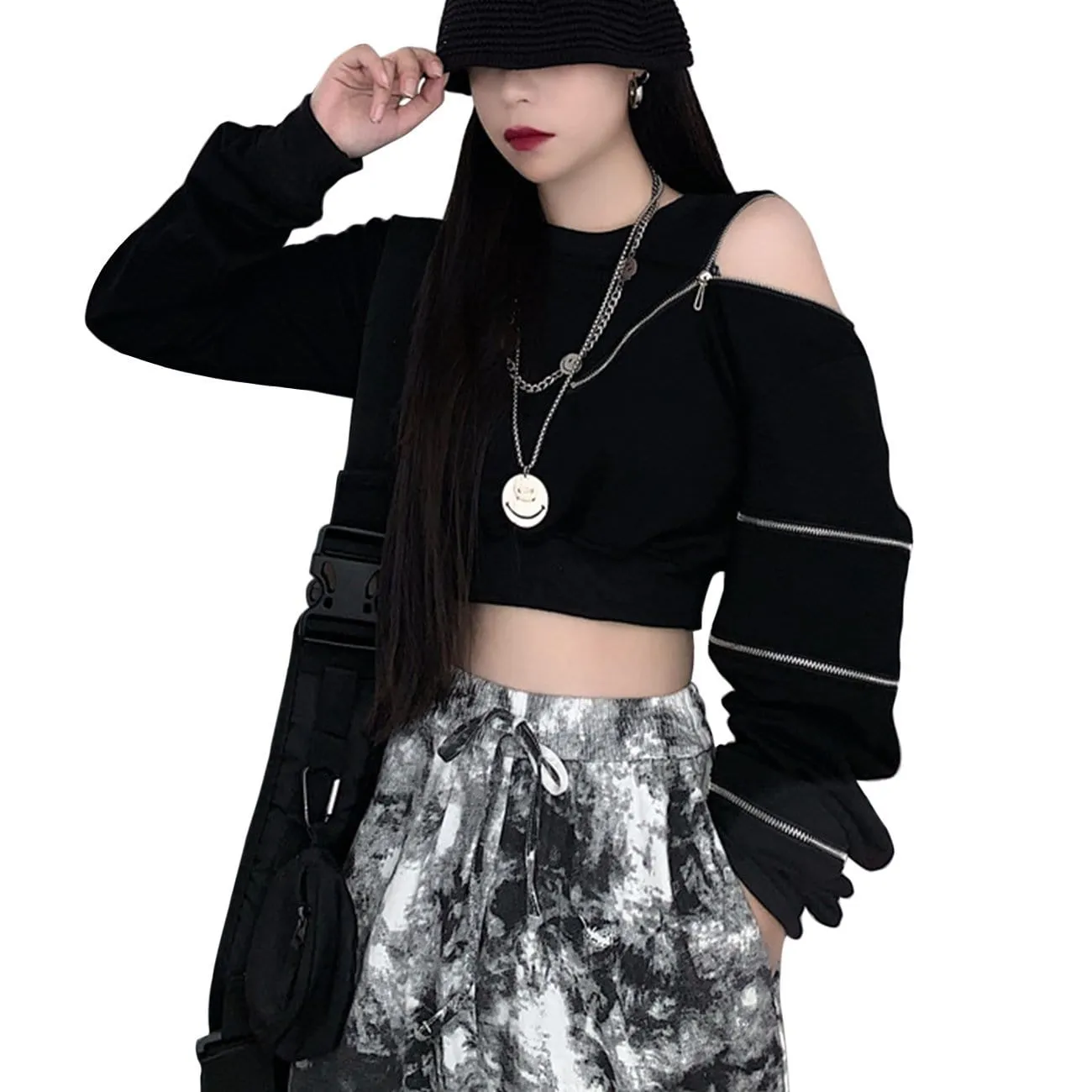 WLS Dark Zipper Strapless Cropped Sweatshirt