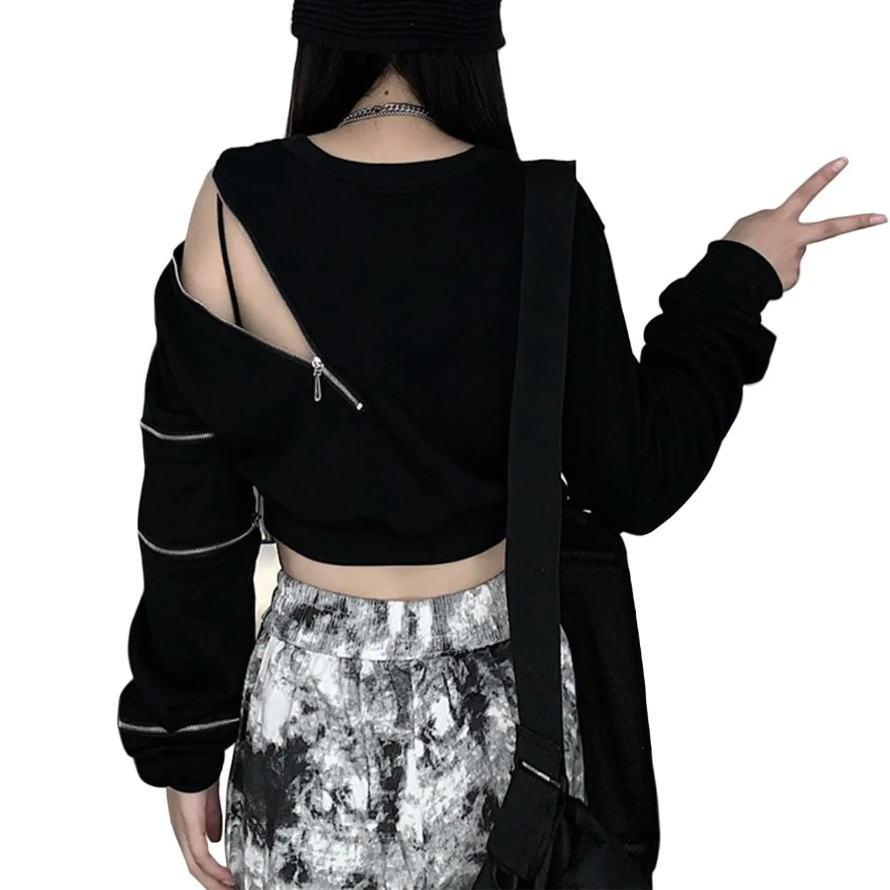 WLS Dark Zipper Strapless Cropped Sweatshirt